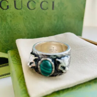 Gucci Dionysus Green Silver Wide Band Malachite Cabochon Ring
