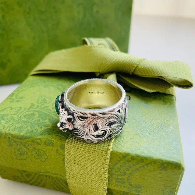 Gucci Dionysus Green Silver Wide Band Malachite Cabochon Ring 3