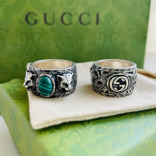 Gucci Dionysus Green Silver Wide Band Malachite Cabochon Ring 4