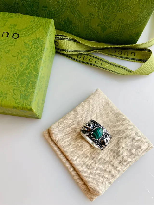 Gucci Dionysus Green Silver Wide Band Malachite Cabochon Ring 7