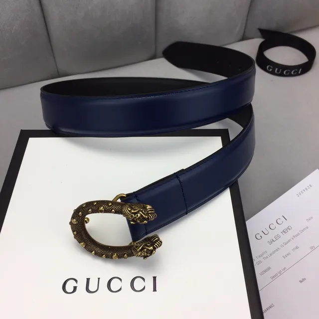 Gucci Dionysus Ceinture en cuir Navy Gold avec boucle tête de lion ornée, cadre ovalé clouté 2