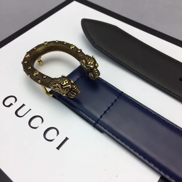Gucci Dionysus Ceinture en cuir Navy Gold avec boucle tête de lion ornée, cadre ovalé clouté 8