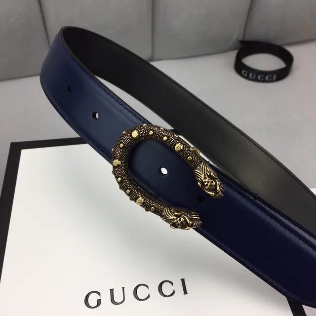 Gucci Dionysus Ceinture en cuir Navy Gold avec boucle tête de lion ornée, cadre ovalé clouté 9
