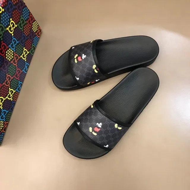 Gucci Disney Collaboration Slide Black Multicolor Monogram-Print Strap Mickey Mouse Motif Slippers 1