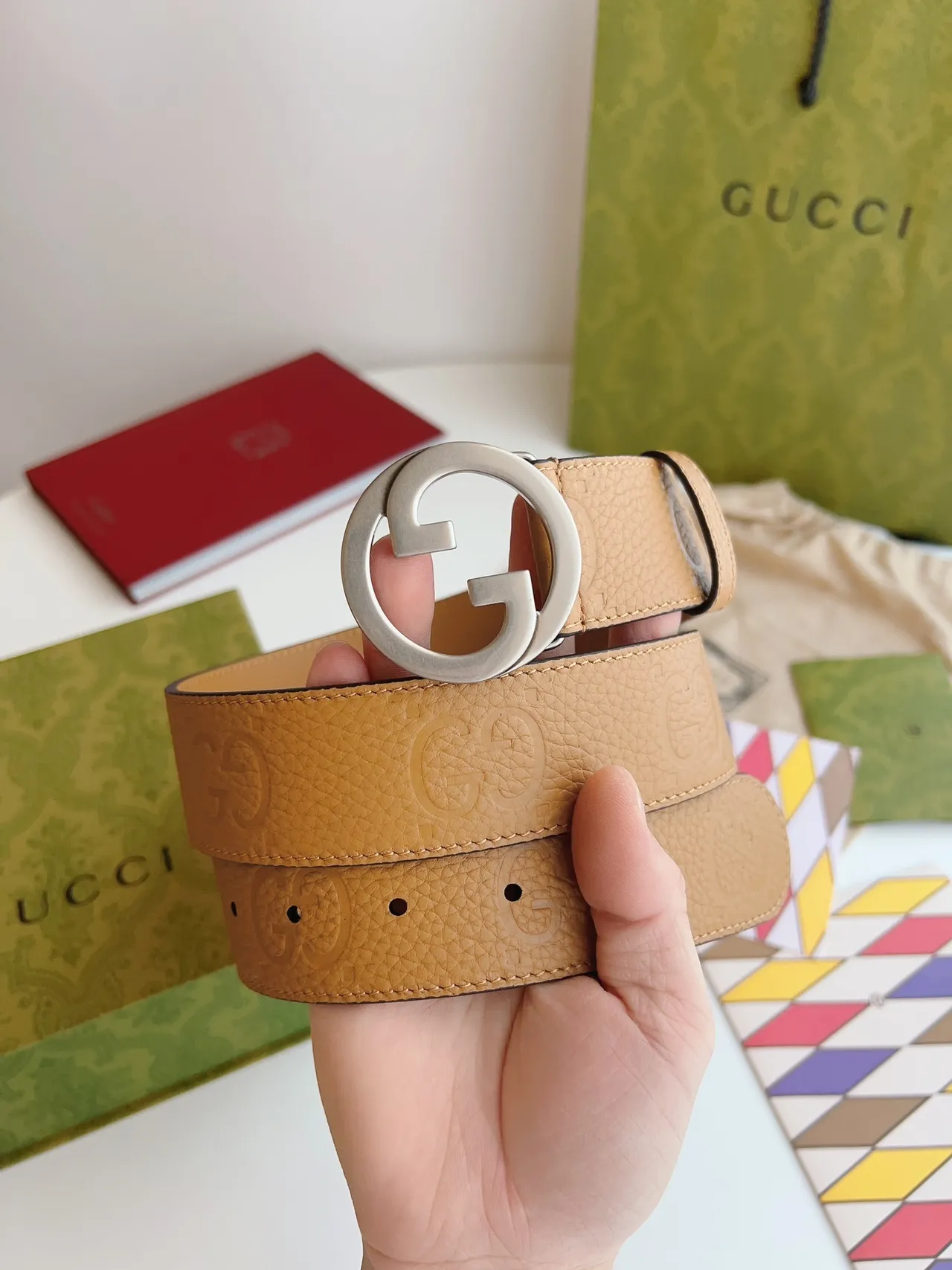 Gucci Double G Belt Beige Silver Interlocking Buckle Embossed GG Monogram Leather Belt 2