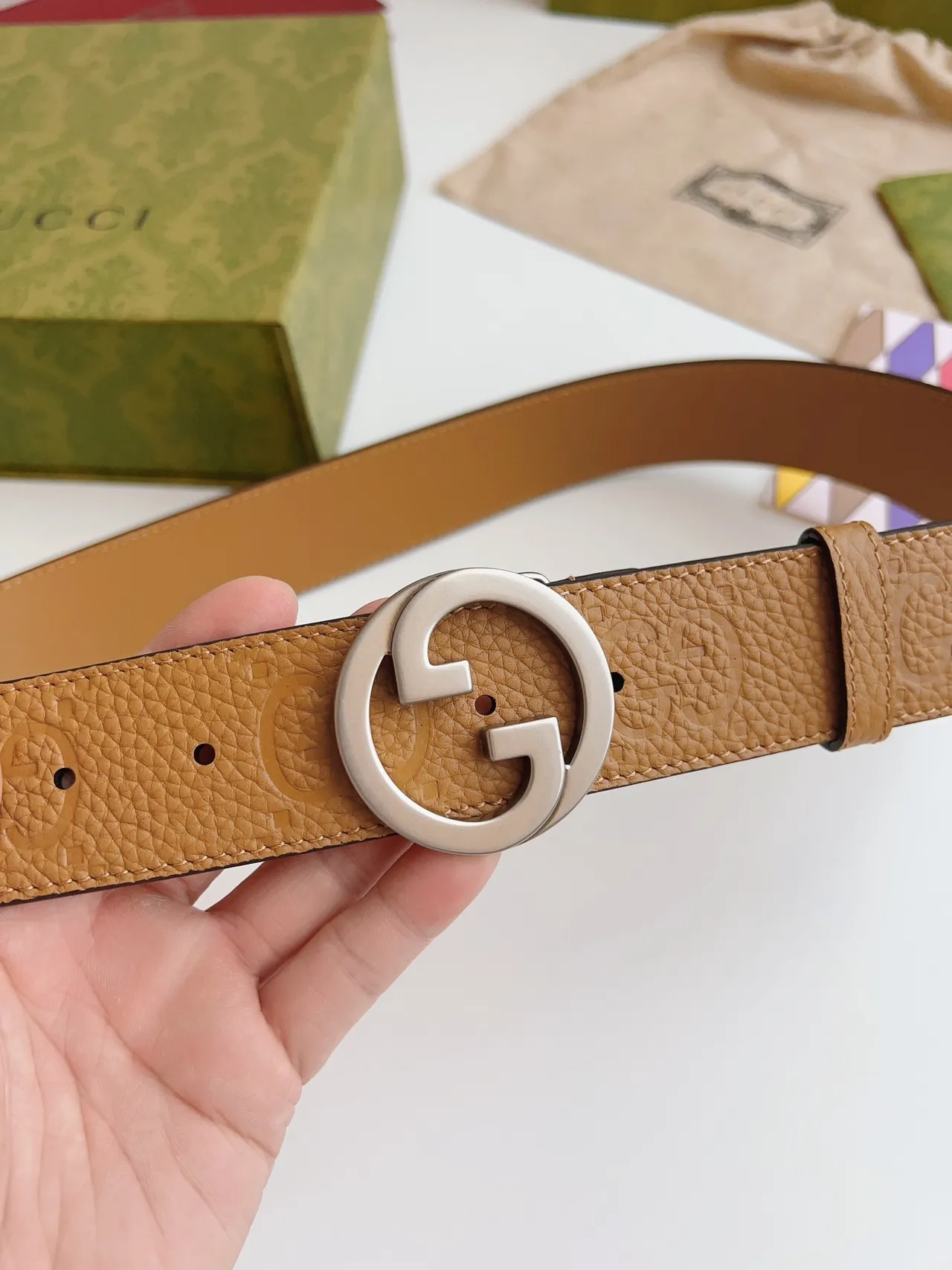 Gucci Double G Belt Beige Silver Interlocking Buckle Embossed GG Monogram Leather Belt 4