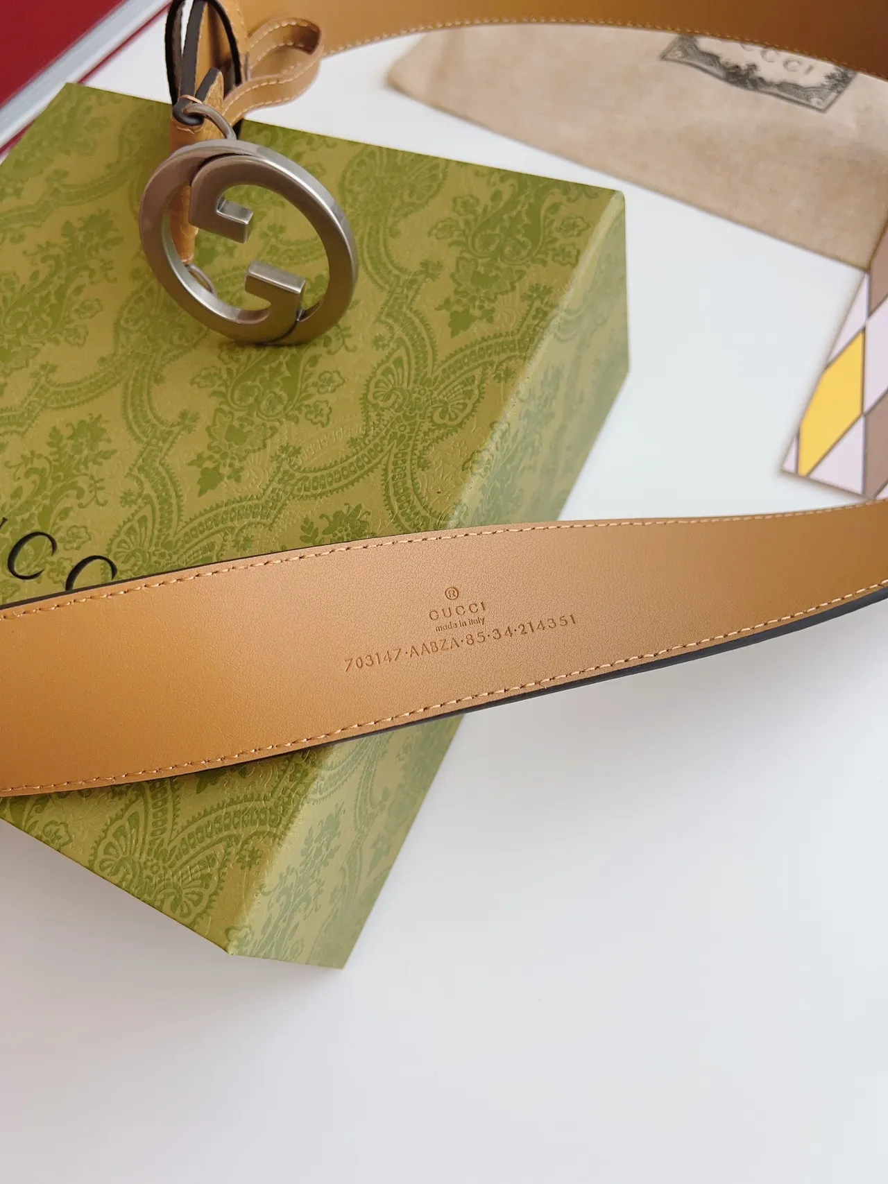 Gucci Double G Belt Beige Silver Interlocking Buckle Embossed GG Monogram Leather Belt 5