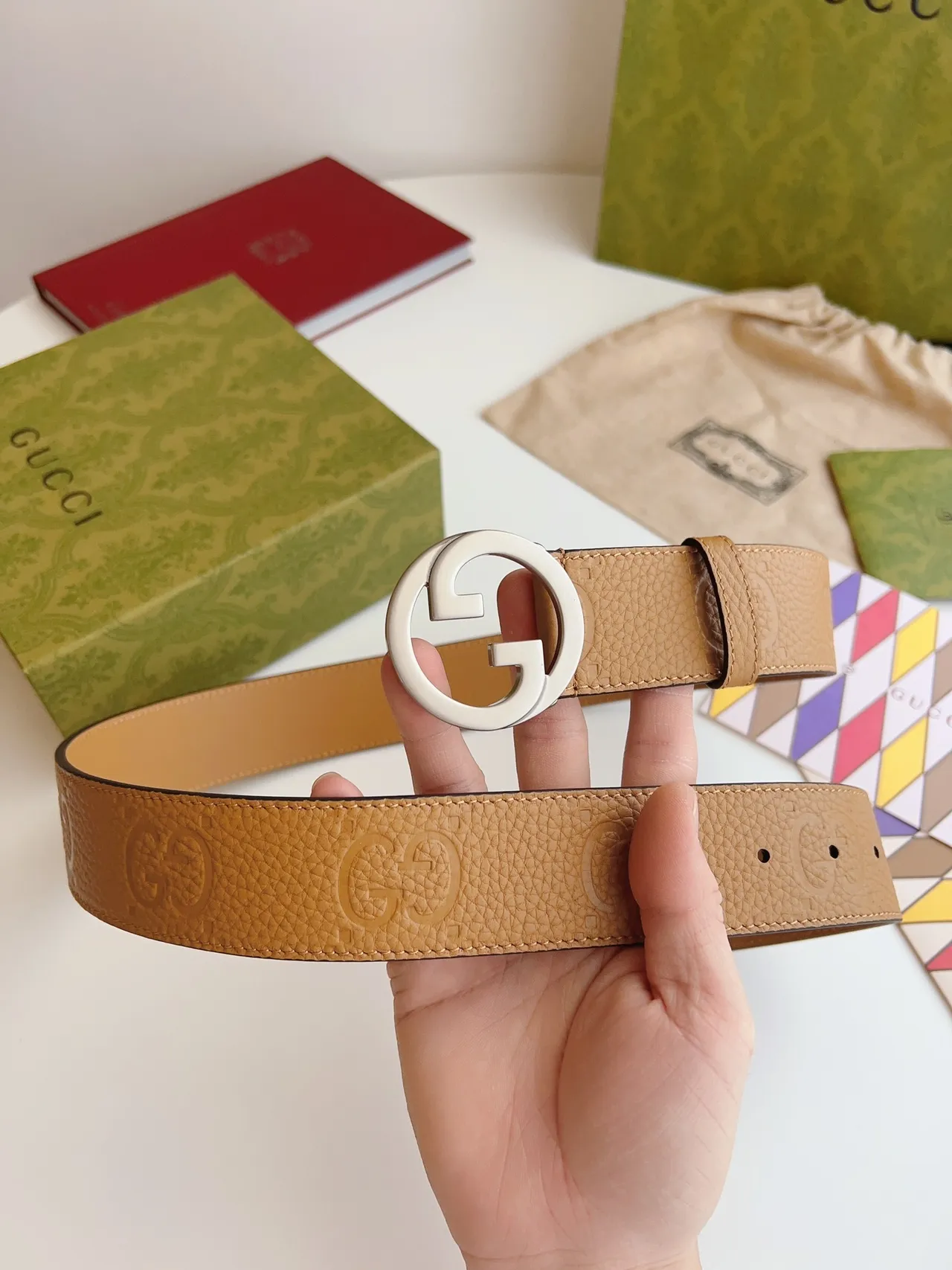 Gucci Double G Belt Beige Silver Interlocking Buckle Embossed GG Monogram Leather Belt 6
