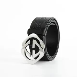 Gucci Double G Belt Black Silver Embossed GG Monogram Polished Interlocking Buckle Leather Belt