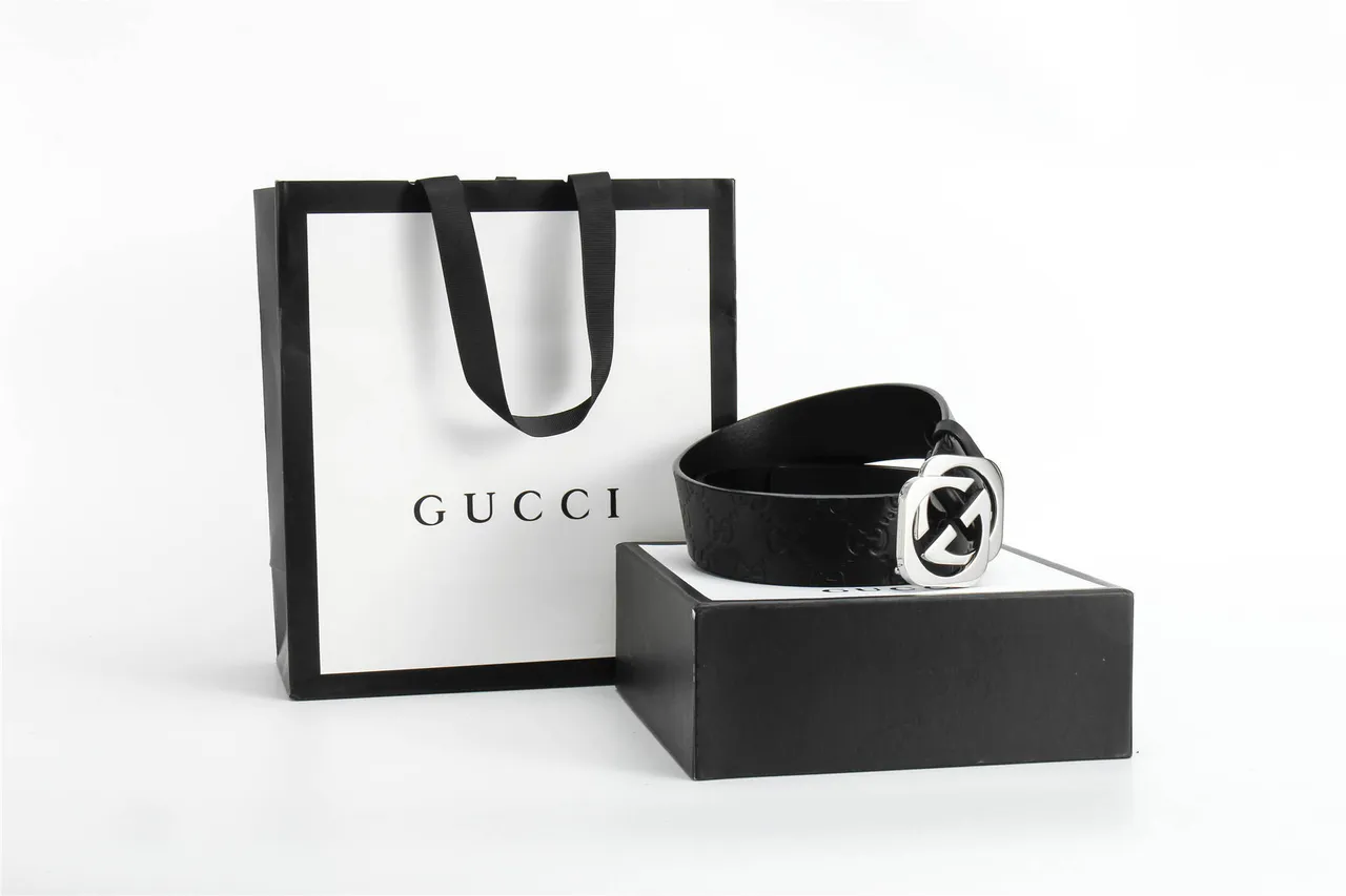 Cinto Gucci Double G Preto Prateado Embossed GG Monograma Polido Fecho Interlocking Leather Cinto de Couro 6