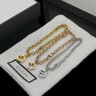 Gucci Double G Dourado Prata Pingente de Logo Interligado Corrente com Elos Ovais Pulseira