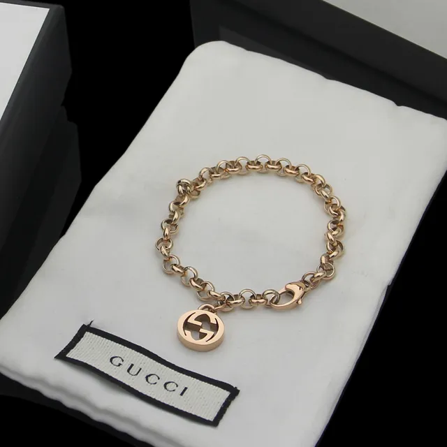 Gucci Double G Gold Silver Interlocking Logo Pendant Oval-Link Chain Bracelet 3