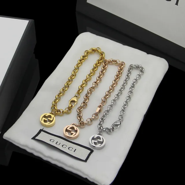 Gucci Double G Gold Silver Interlocking Logo Pendant Oval-Link Chain Bracelet 5