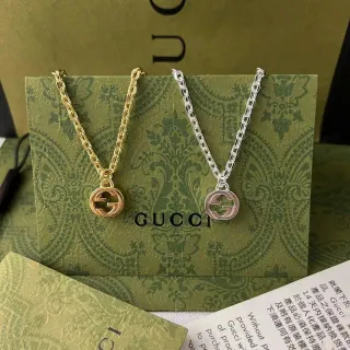 Gucci Double G Pendentif Or Argent Chaîne Curb Circulaire Collier