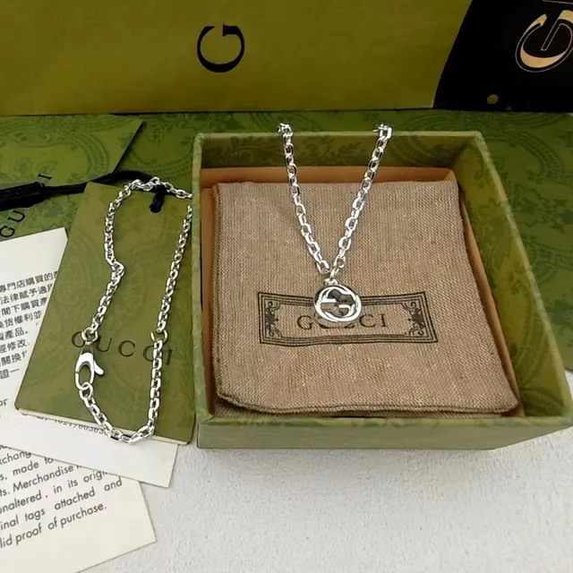 Gucci Double G Pendant Gold Silver Circular Curb Chain Necklace 7