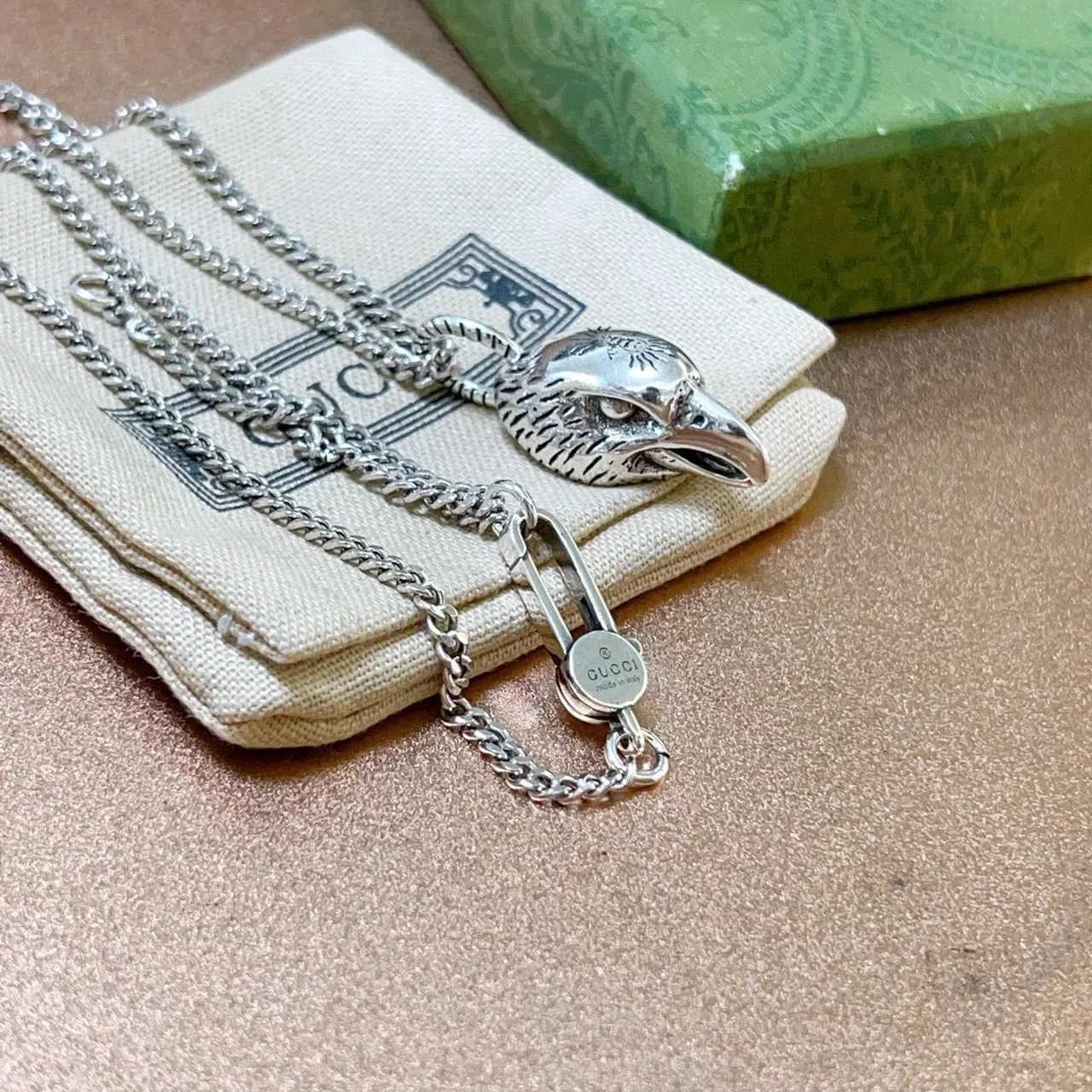 Gucci Eagle Head Pendant Silver Curb Chain Necklace 6