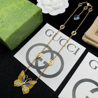 Gucci Enamel Butterfly and Interlocking G Charm Necklace