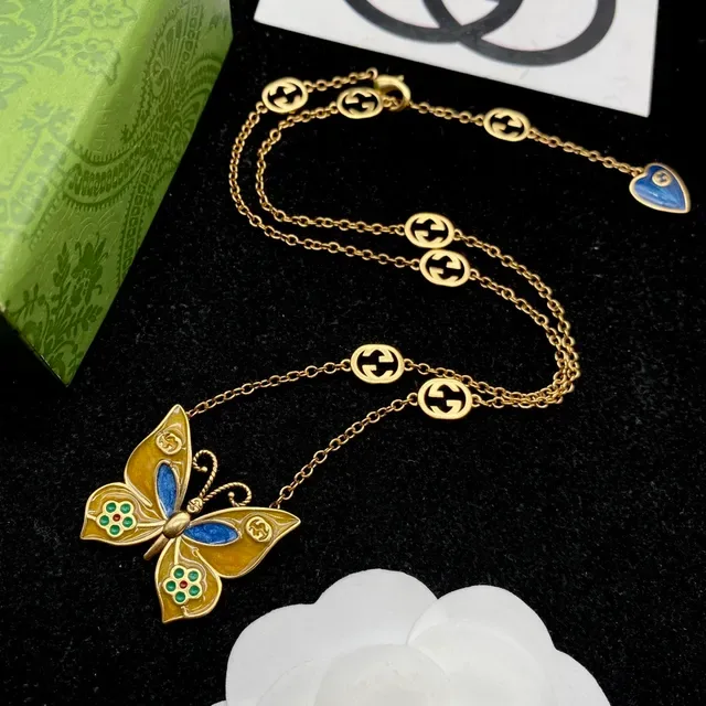 Gucci Enamel Butterfly and Interlocking G Charm Necklace 3
