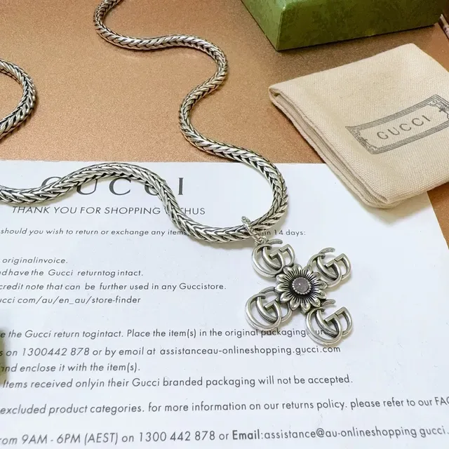 Gucci Floral GG Cross Pendant Braided Silver Chain Necklace 5