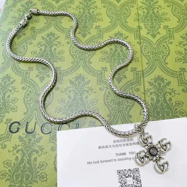 Gucci Floral GG Cross Pendant Braided Silver Chain Necklace 6
