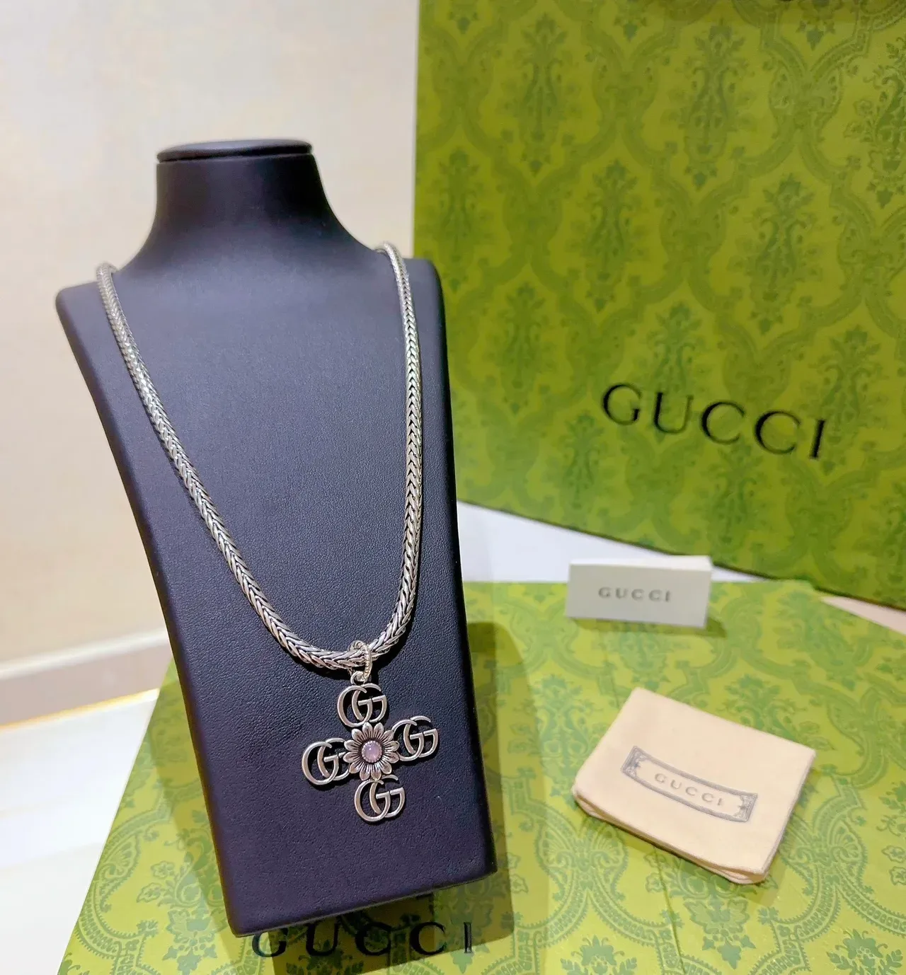 Gucci Floral GG Cross Pendant Braided Silver Chain Necklace 8