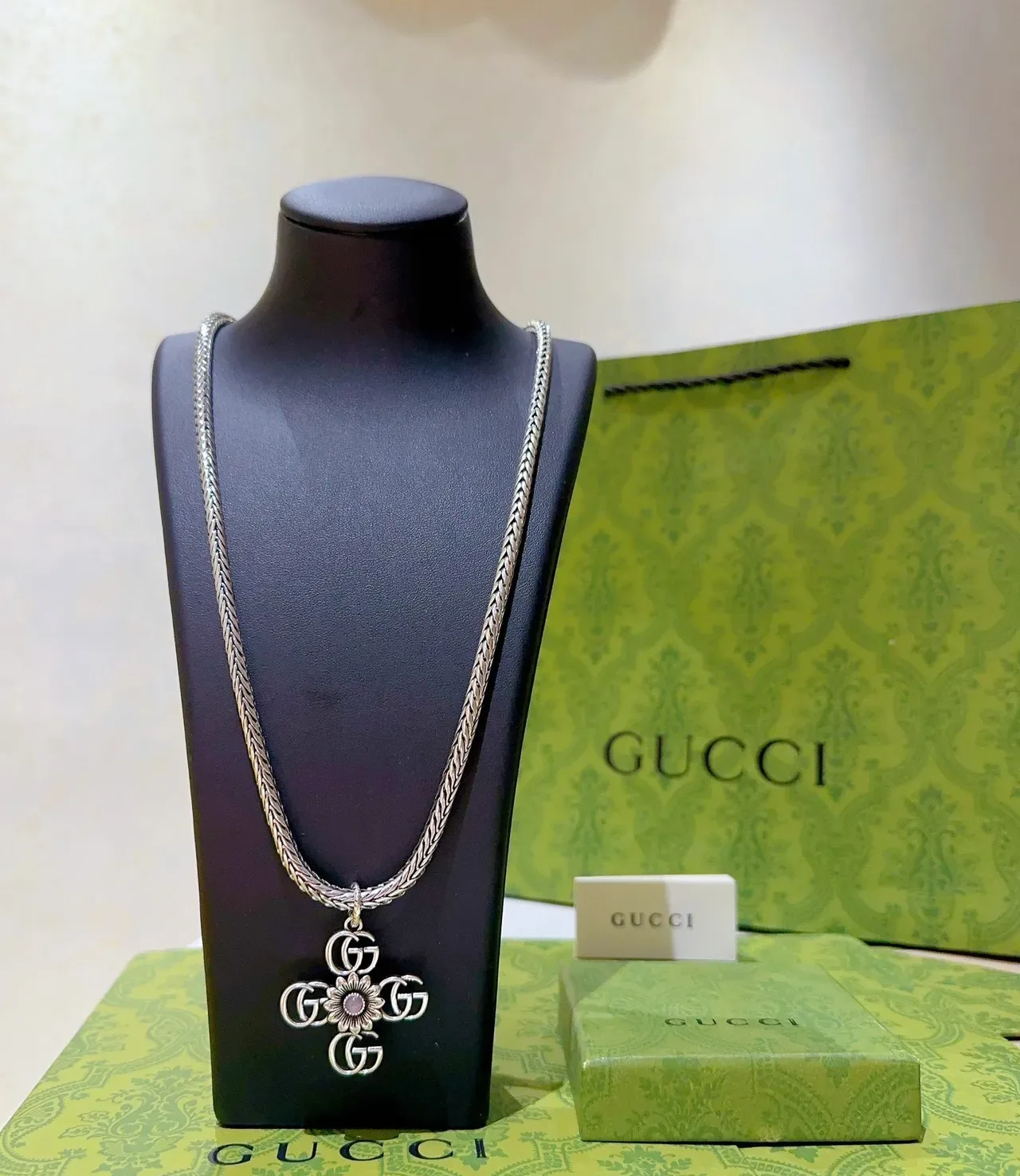 Gucci Floral GG Cross Pendant Braided Silver Chain Necklace 9