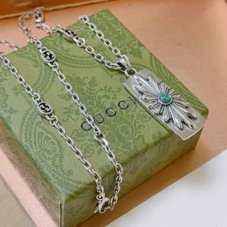 Gucci Floral Turquoise Pendant Silver Chain Necklace
