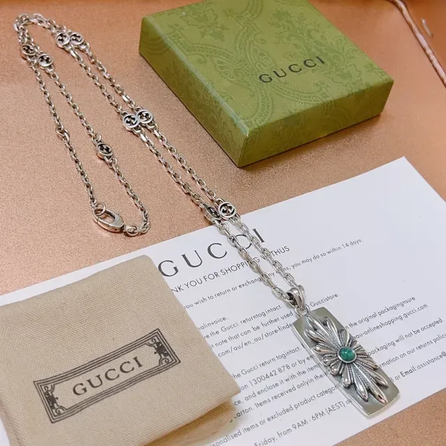 Gucci Floral Turquoise Pendant Silver Chain Necklace 3