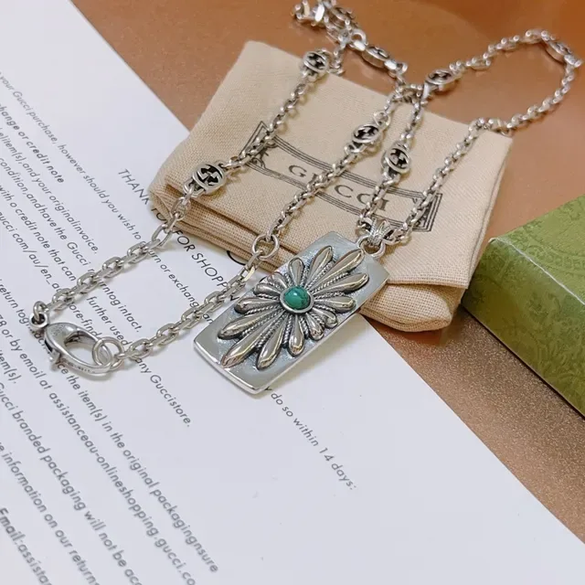 Gucci Floral Turquoise Pendant Silver Chain Necklace 4