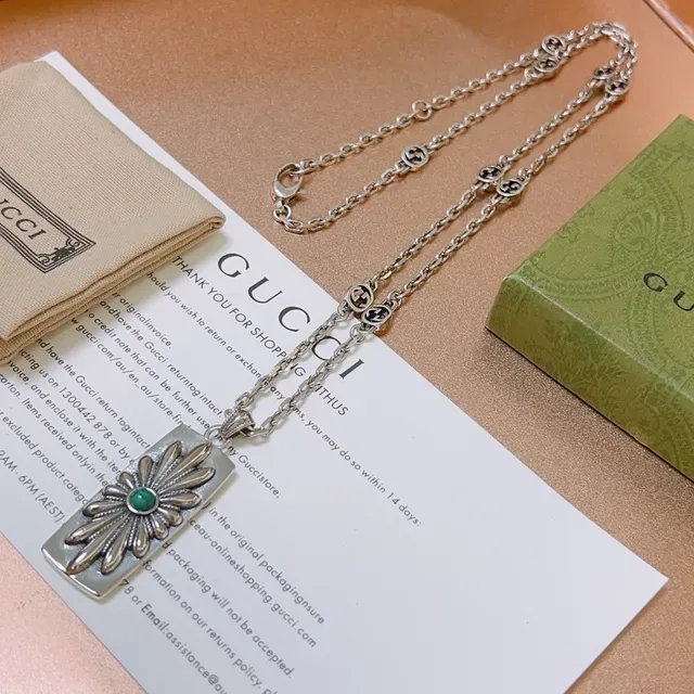 Gucci Floral Turquoise Pendant Silver Chain Necklace 6