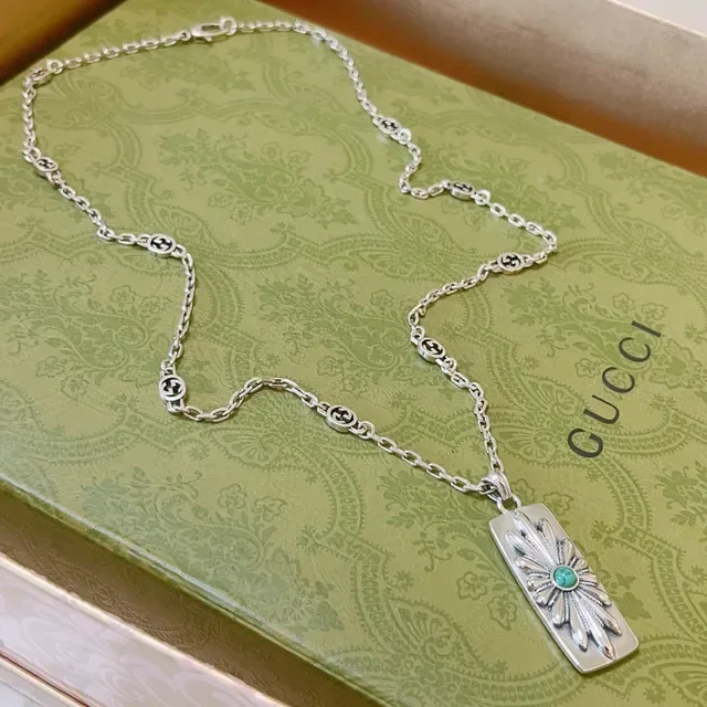 Gucci Floral Turquoise Pendant Silver Chain Necklace 7
