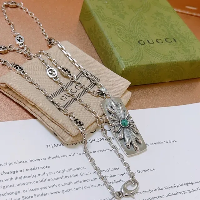 Gucci Floral Turquoise Pendant Silver Chain Necklace 9