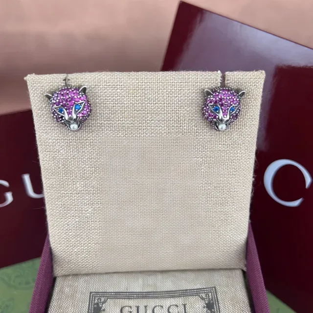 Gucci Fox-Head Pavé Crystal and Pearl Stud Earrings 5