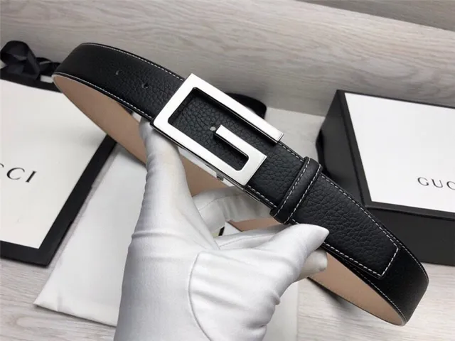 Ceinture Gucci G-Buckle Noire Dorée Texturée Contraste Couture Blanche Cuir 10
