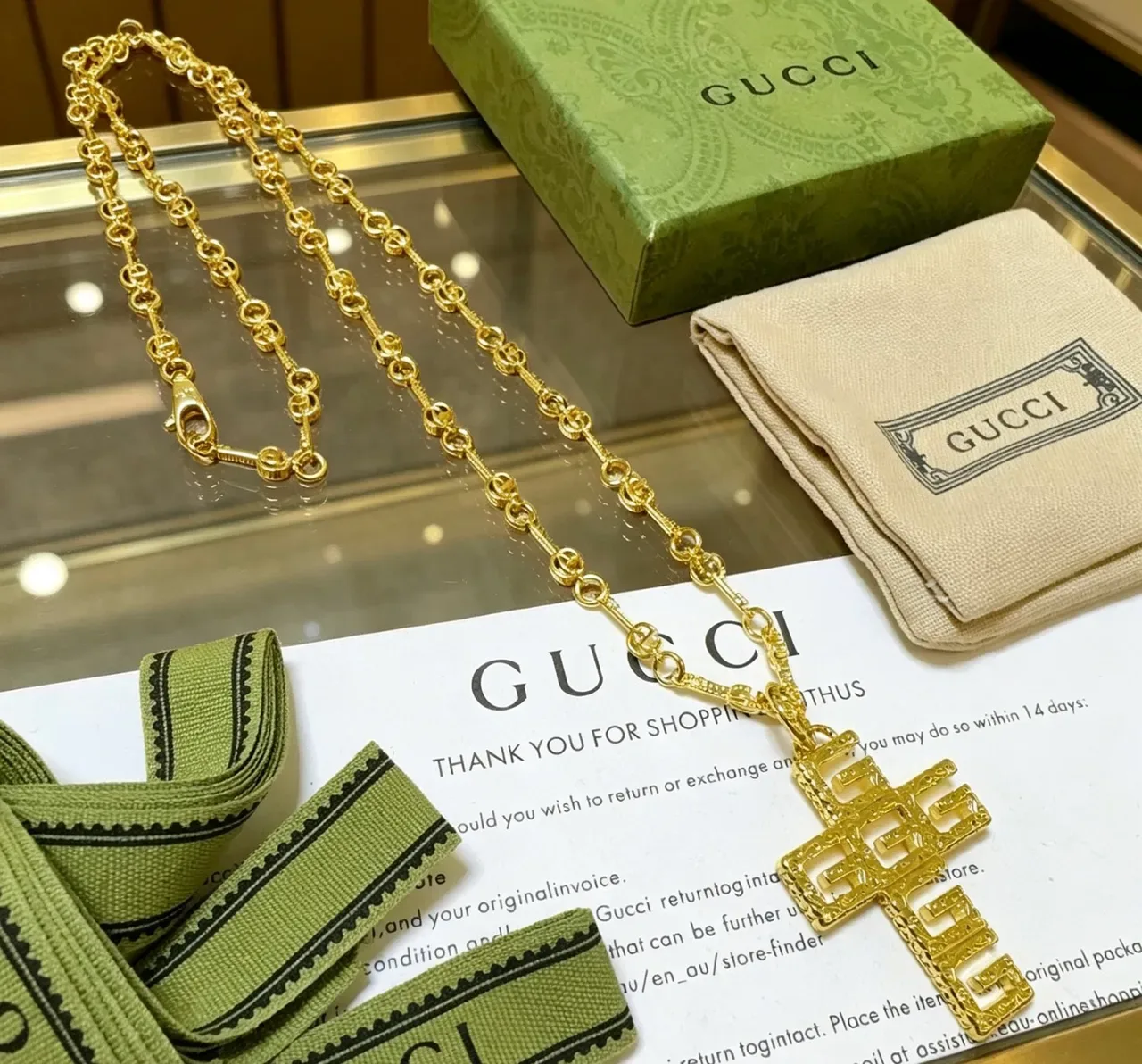 Gucci GG Cross Pendant Gold-Tone Chain Necklace 4