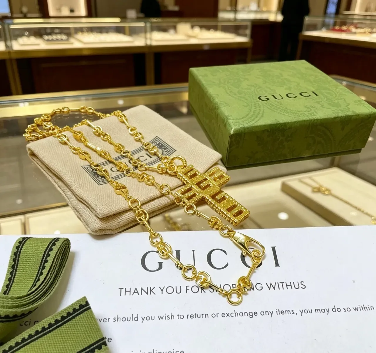 Gucci GG Cross Pendant Gold-Tone Chain Necklace 7