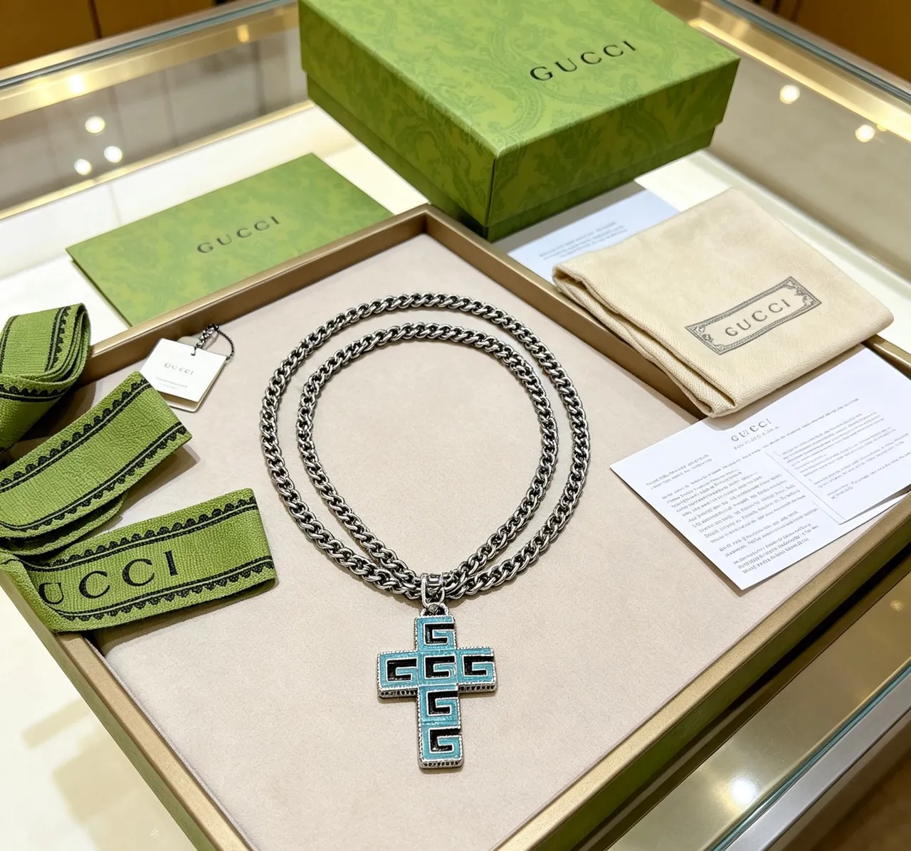 Gucci GG Cross Turquoise Enamel Silver-Tone Necklace 2