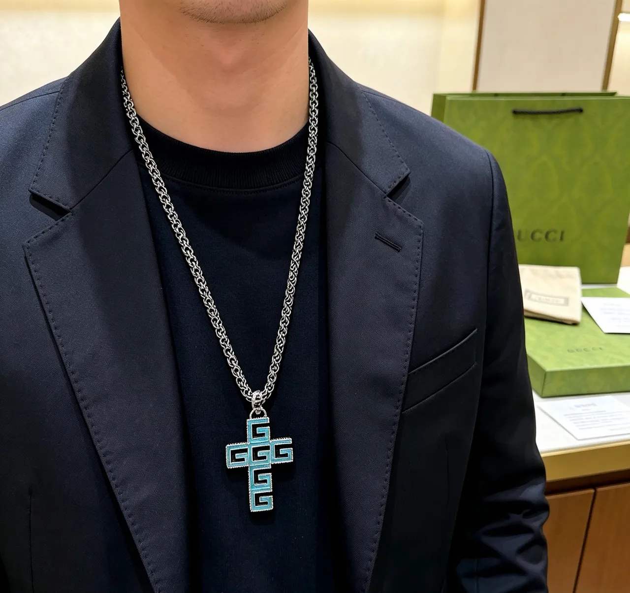 Gucci GG Cross Turquoise Enamel Silver-Tone Necklace 3