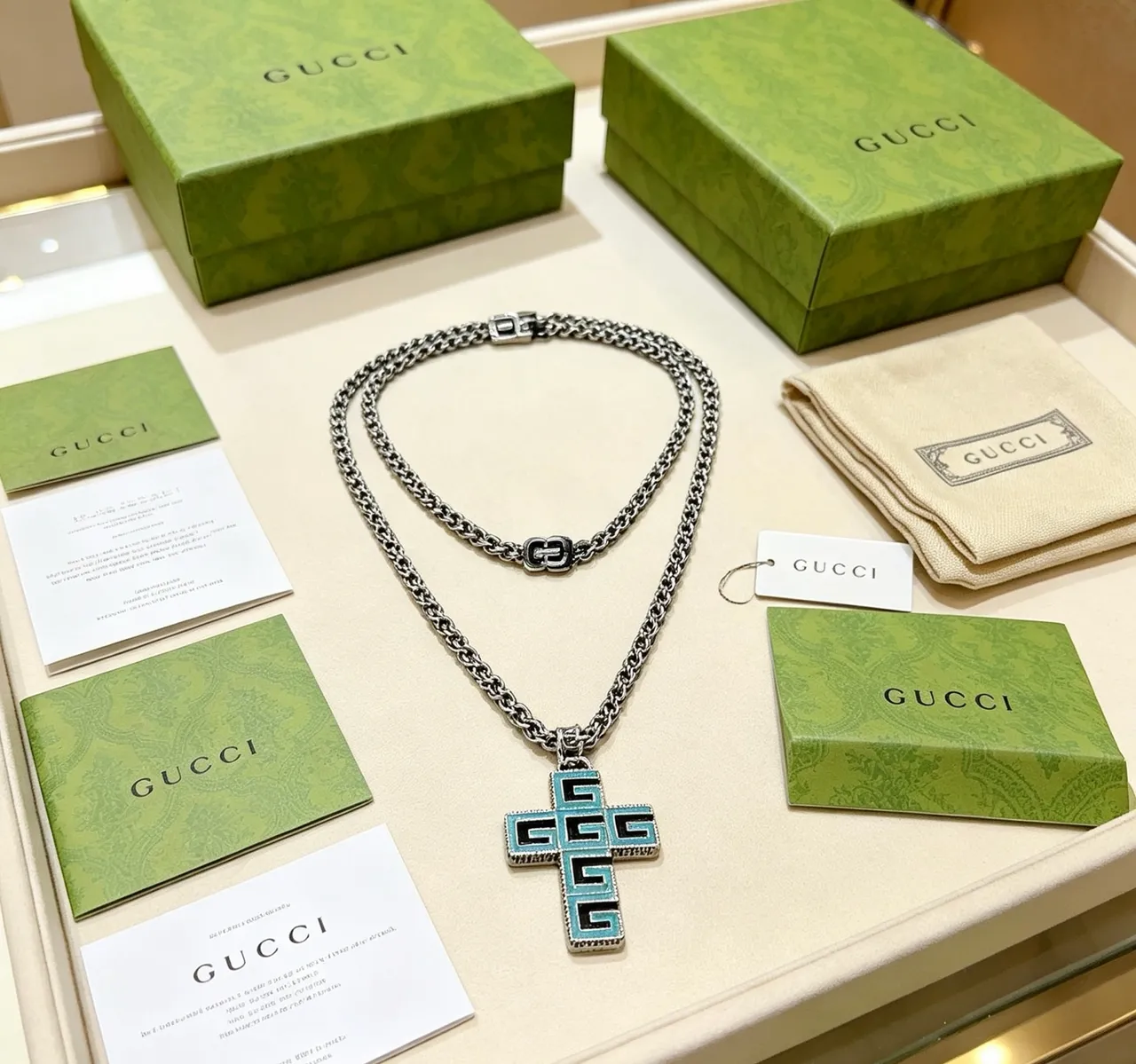 Gucci GG Cross Turquoise Enamel Silver-Tone Necklace 4
