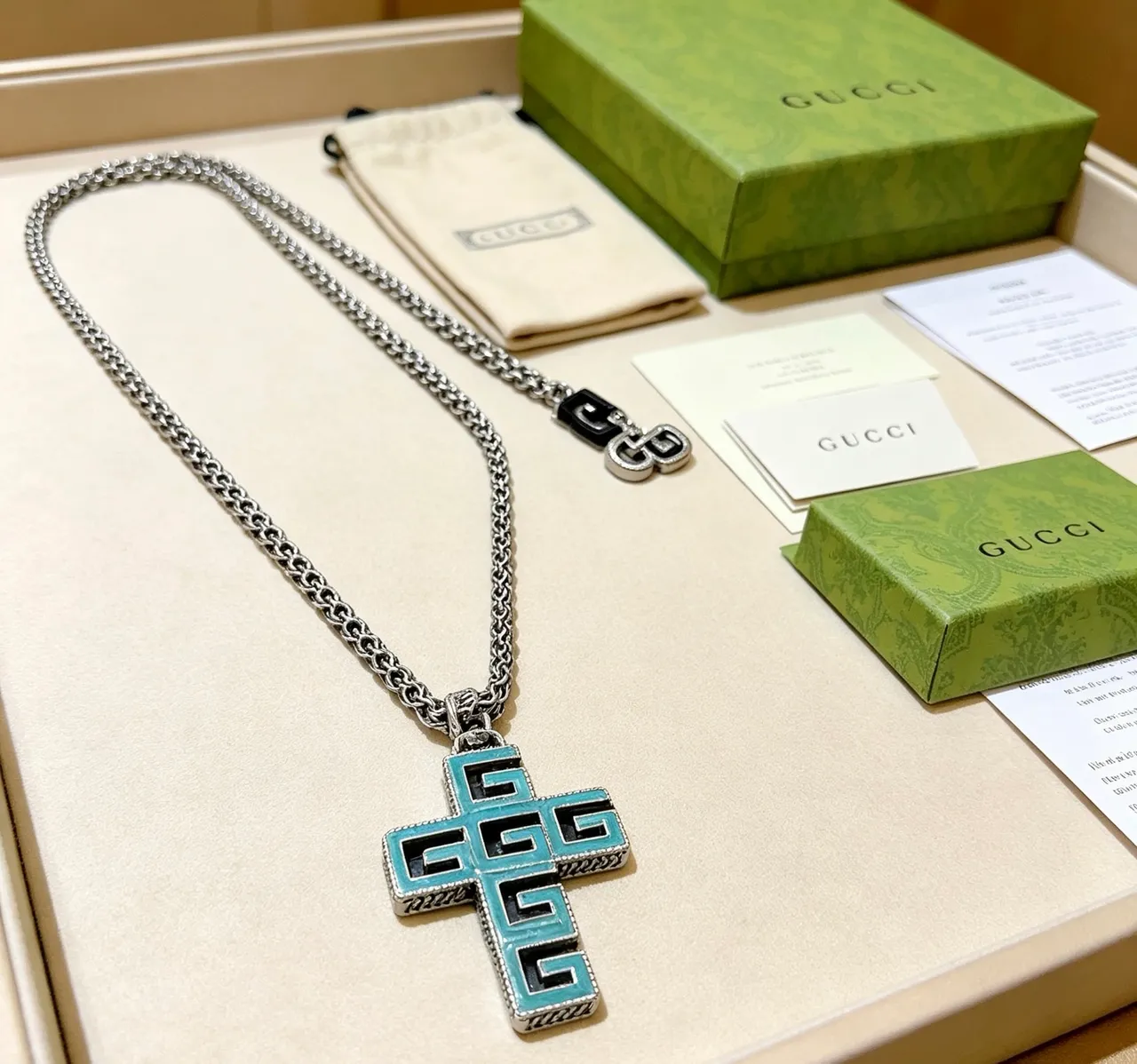 Gucci GG Cross Turquoise Enamel Silver-Tone Necklace 5