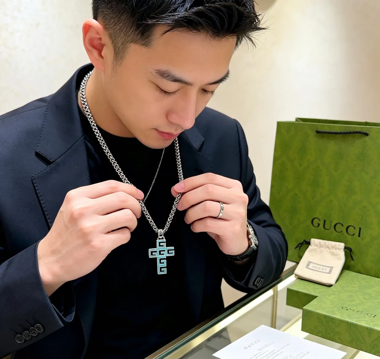 Gucci GG Cross Turquoise Enamel Silver-Tone Necklace 6