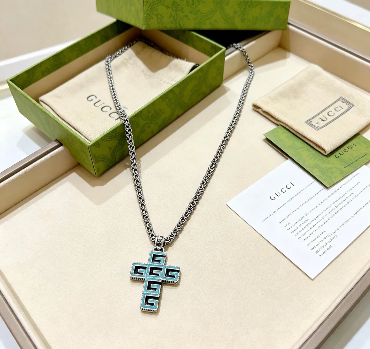 Gucci GG Cross Turquoise Enamel Silver-Tone Necklace 7