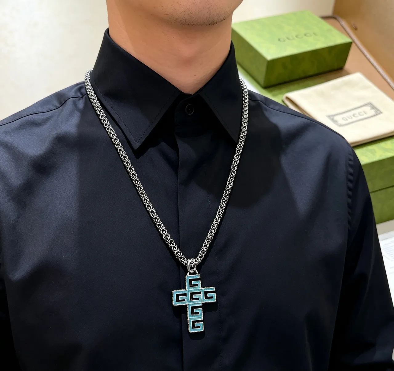 Gucci GG Cross Turquoise Enamel Silver-Tone Necklace 8