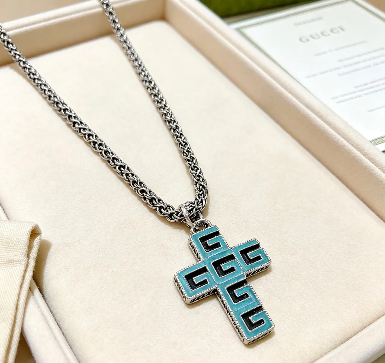 Gucci GG Cross Turquoise Enamel Silver-Tone Necklace 9
