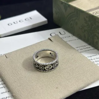Gucci GG Flora Ring Silver Black Wide Band Beaded Edge Ring