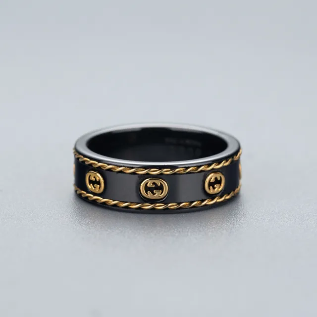 Gucci GG Marmont Black Gold Ceramic Chain Border Ring 6
