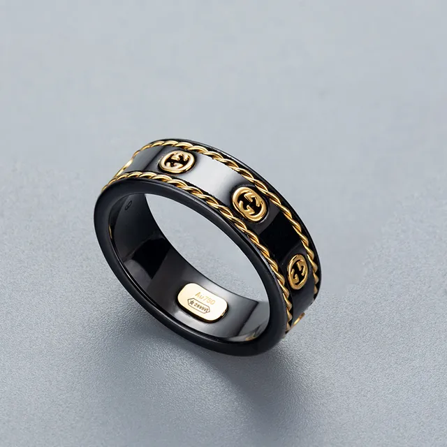 Gucci GG Marmont Black Gold Ceramic Chain Border Ring 8