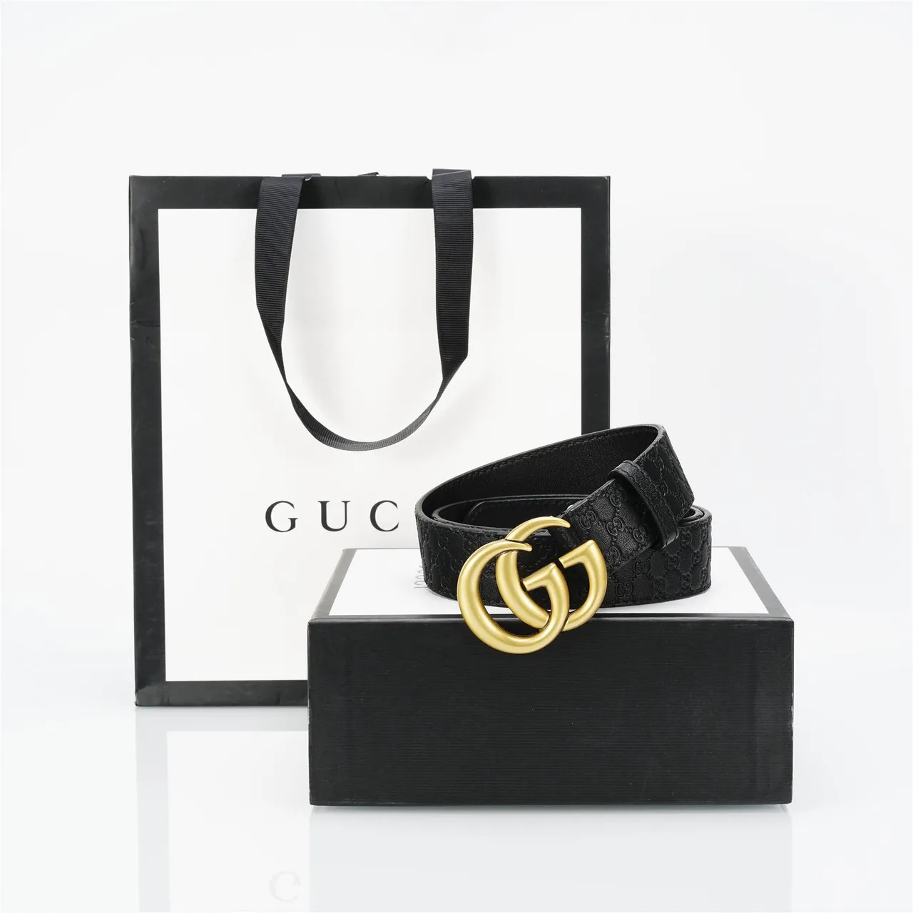 Gucci GG Marmont Black Gold Interlocking G Buckle Leather Belt 4