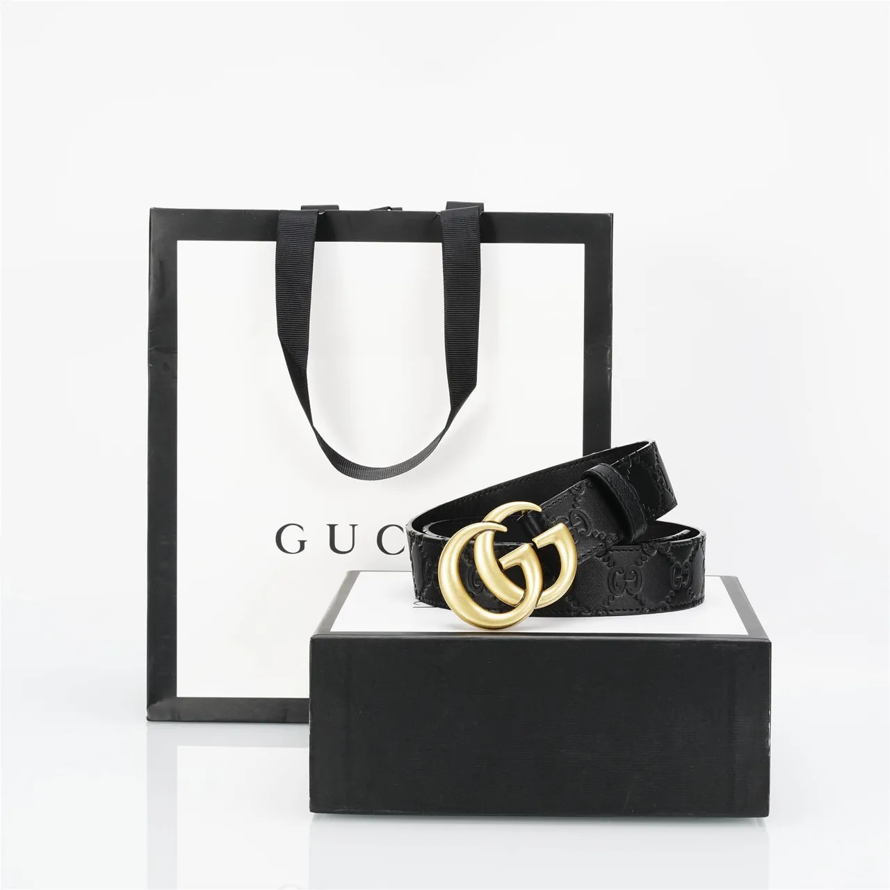 Gucci GG Marmont Black Gold Interlocking G Buckle Leather Belt 4