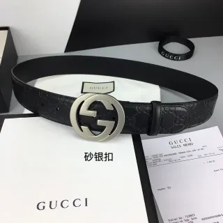 Gucci GG Marmont Black Silver Embossed Monogram Interlocking G Buckle Leather Belt